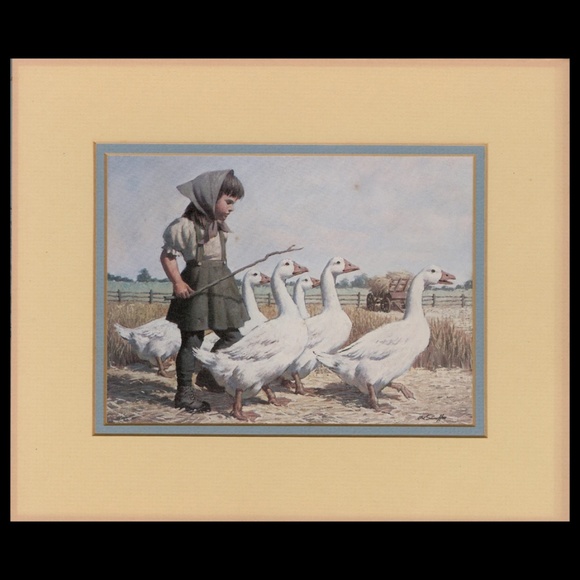 Vintage Art Print Little Girl with Geese, Nursery room art print,  cottage - Picture 2 of 5